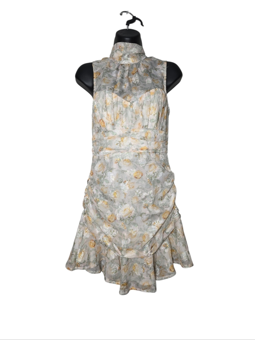 Mika & Gala Floral Burnout Jacquard Mini Dress Ruched High Neck Bow Back 8
